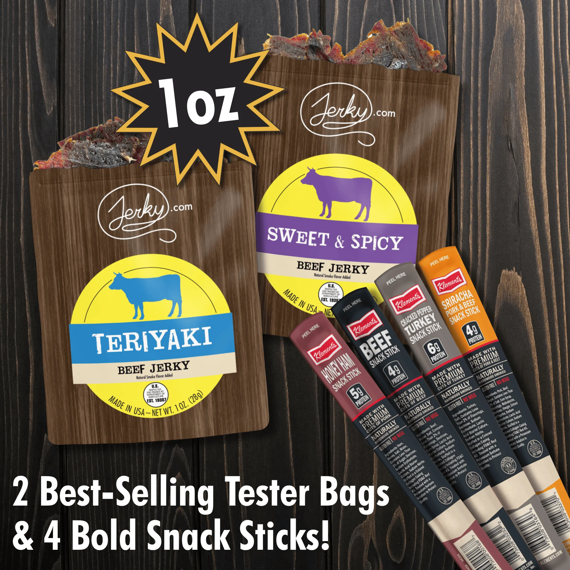 6 pc Jerky Sampler Packs & Meat Stick Bundle - High Protein, Healthy, Low Fat Dried Snack Sticks - Teriyaki Jerky, Sweet and Spicy Jerky, Assorted Beef Sticks - 5.2 total oz.